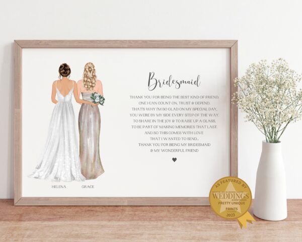 Personalised Thank you gift for bridesmaid. Bride and Bridesmaid print
