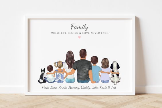 An image of a Custom Family Portrait, personalised with famlily members and pets