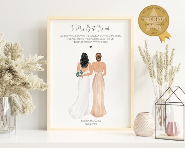 Gift For Best Friend On her Wedding Day, Print showing Bride and bridesmaid