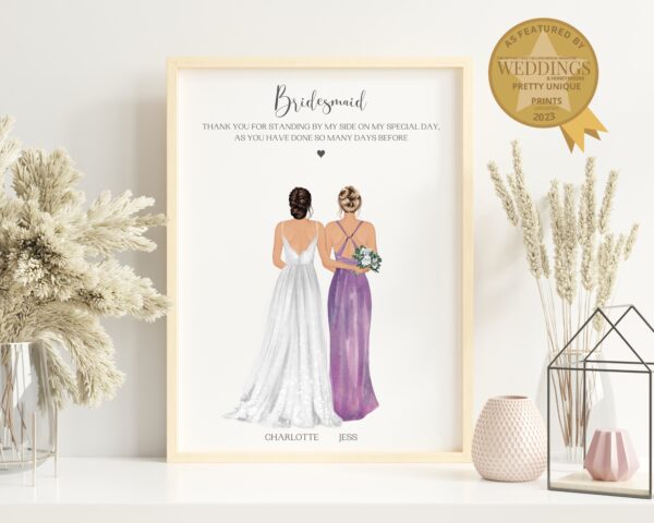 Bridemsaid Gift from bride, personalised print with bride and bridesmaid