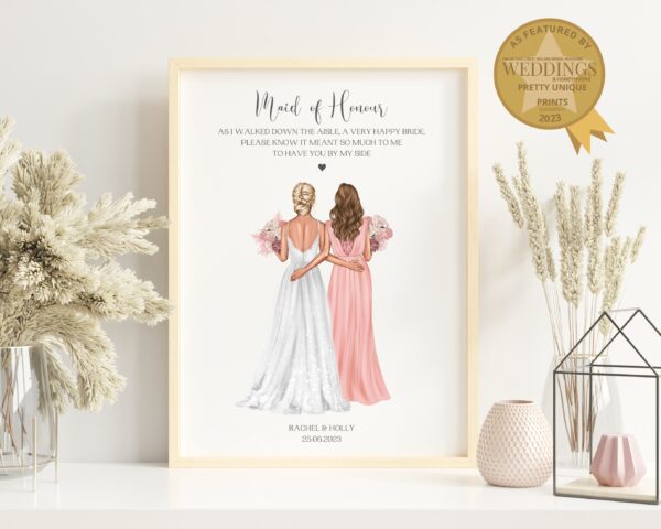 Personalised Print with Bride and Maid Of Honour. Gift For The Maid Of Honour