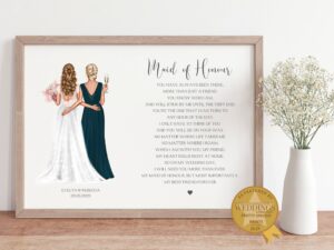 Personalised Gift For Maid Of Honour. Personalised Print with Bride, Maid of honour and Poem