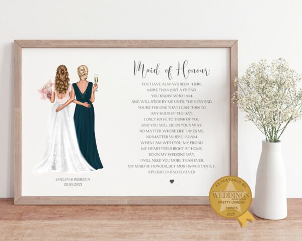 Personalised Gift For Maid Of Honour. Personalised Print with Bride, Maid of honour and Poem