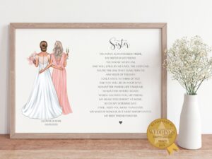 Personalised Gift For Sister Who Is Made of Honour. Personalised Print with bride, maid of honour and wedding poem