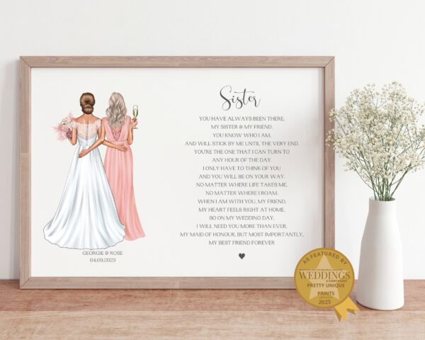 Personalised Gift For Sister Who Is Made of Honour. Personalised Print with bride, maid of honour and wedding poem