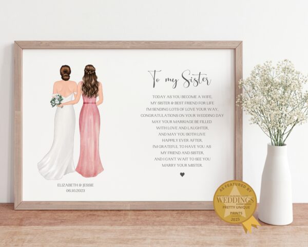 Wedding Day Gift For sister. Personalised Print with Bride & bridesmaid alongside a wedding poem