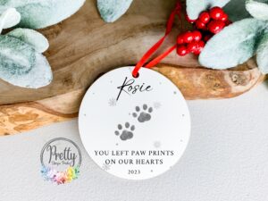 Pet Loss Christmas Gift, ceramic bauble with pet name & pawprints