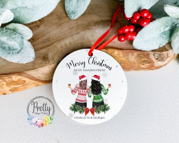 Personalisable Bauble with x2 friends on wearing christmas jumpers & hats