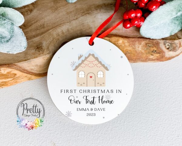 Personalised Bauble With gingerbread house image on sayiong *First Chrsitmas in Our First Home*