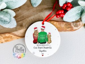 Personalised Christmas Bauble With New Pet. Couple with pet Christmas gift.