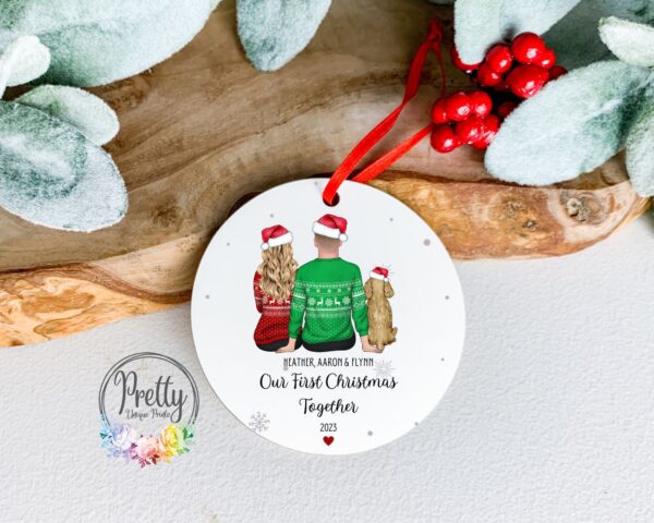 Personalised Christmas Bauble With New Pet. Couple with pet Christmas gift.