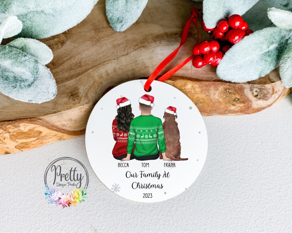 Christmas Bauble wiith couple & Dog. Dog Mum Gift, Dog Dad Gift