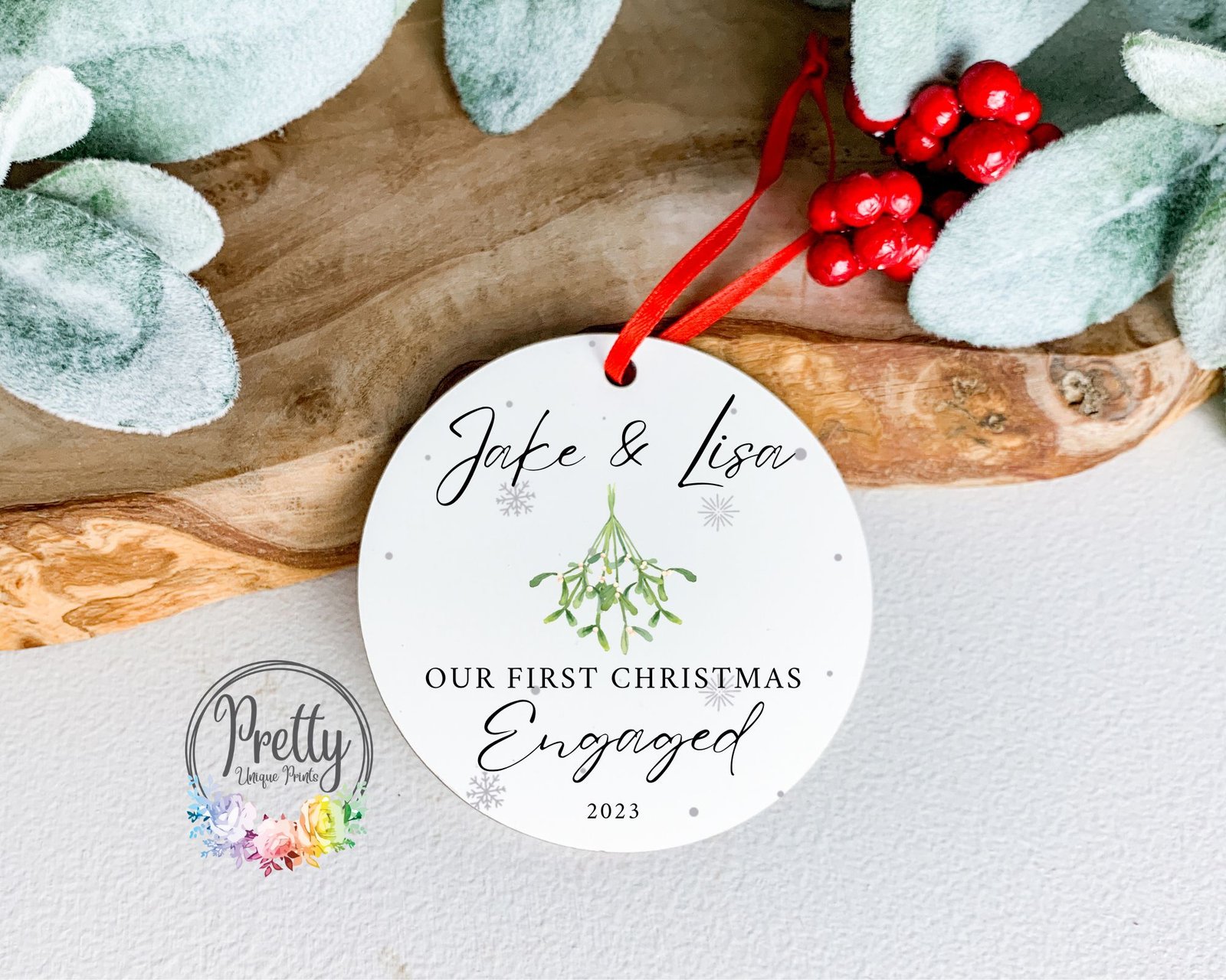 thumbnail image 2 of Personalized Acrylic Engagement Ornament: Our First Christmas, Wedding Keepsake 2 of 12
