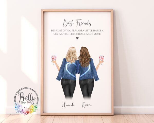 Personalised Best Friend Print With x2 female characters and a friendship quote that reads 'Because of you I laugh a little harder, cry a little less and smile a lot more'