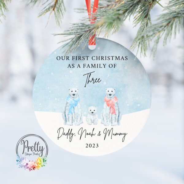 Christmas Bauble with 3 polar bears & quote saying our first Christmas as a family of three