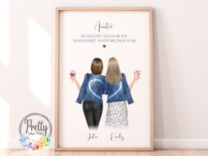 Personalised Auntie Print With x2 female characters and a quote that can be customised
