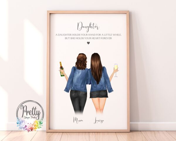 Personalised Print For Daughter. x2 Characters holding drinks with a quote.