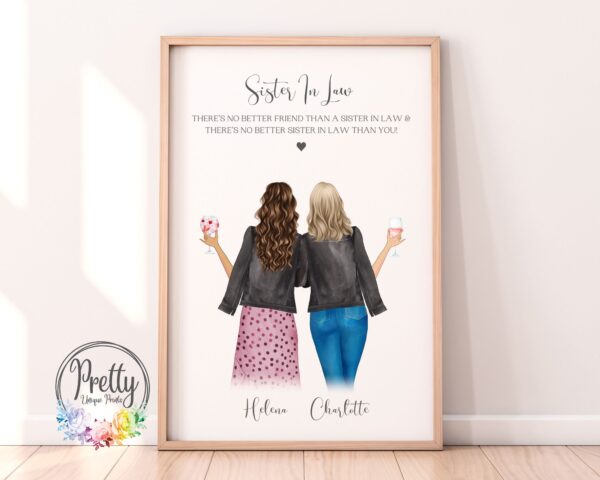 Personalised Print For Sister In Law. x2 Characters holding drinks with a quote.