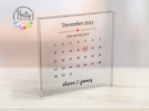 Personalised Acrylic Block Gift For Couples. The Day We Met design with calender and names