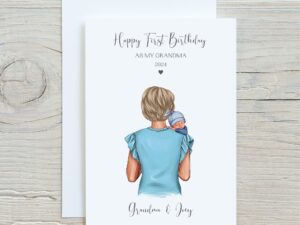 Grandma holidng Baby on white birthday card