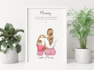 Personalised Mummy and Daughter Print. Cartoon characters making a love heart with hands. Mum and Young child