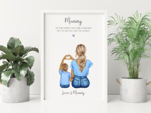 Personalised Mummy and Son Print. Cartoon characters making a love heart with hands. Mum and Young child