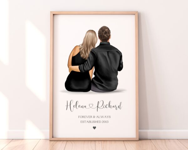 Personalised Sitting Couple Gift, Man with his arm wrapped around Woman & Couple quote underneath characters