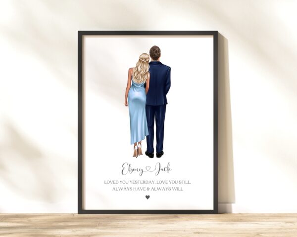Personalised Gift For Couple. Personalised Print with x2 characters wearing formal wear and quote about love.