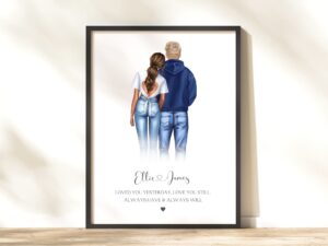 Personalises Standing Couple Print. Custom Image showing female and male character standing together with a quote underneath.