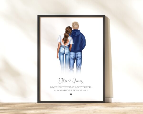 Personalises Standing Couple Print. Custom Image showing female and male character standing together with a quote underneath.