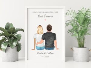 Personalised Gift for Couples. Cartoon Couple image with choices of Married, Engaged or established date