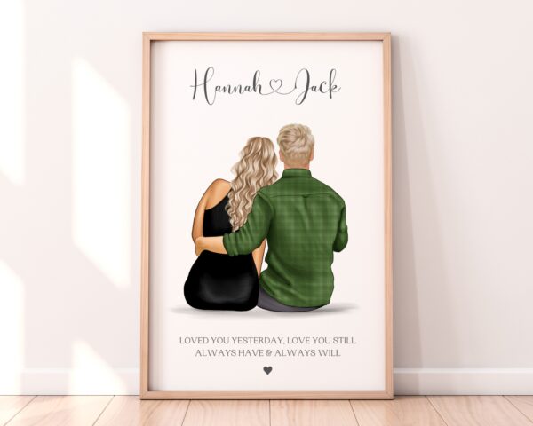 Personalised Sitting Couple Gift, Man with his arm wrapped around Woman & Couple quote underneath characters