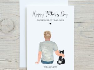 Personalised Cat Dad Fathers Day Card showing a Man and his cat.