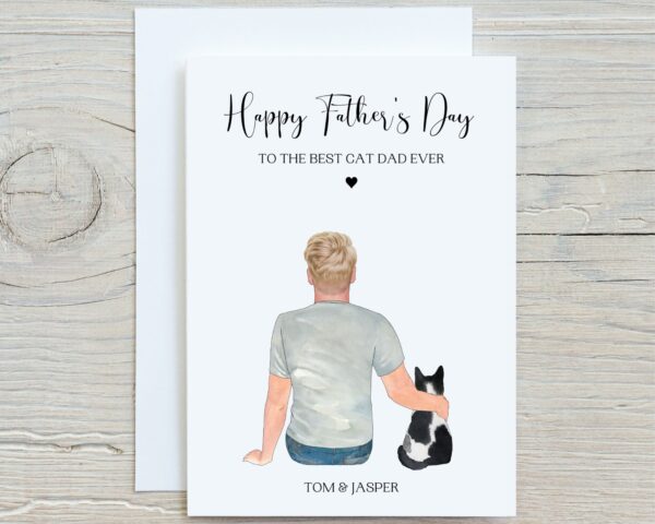 Personalised Cat Dad Fathers Day Card showing a Man and his cat.