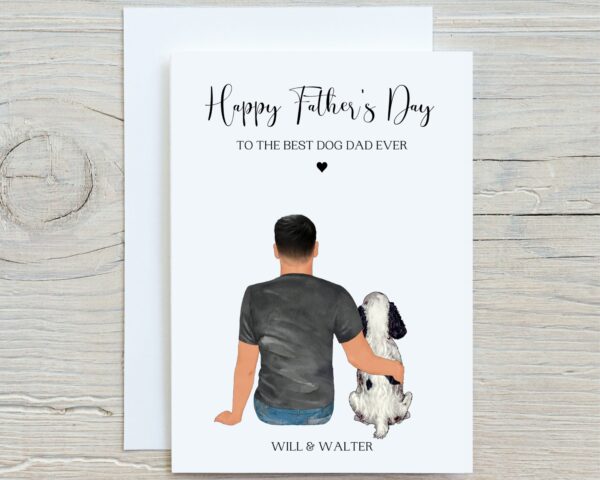 Personalised Dog Dad Fathers Day Card showing a Man and his dog.