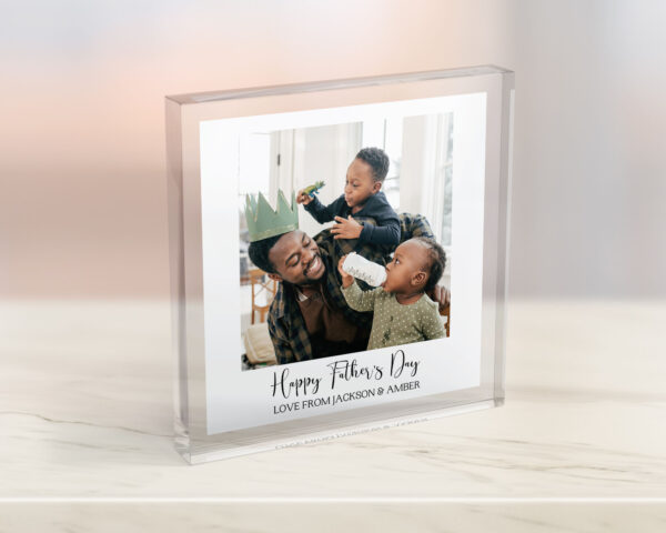 Personalised Freestanding Acrylic Block with Your own photo and Happy Fathers Day message.
