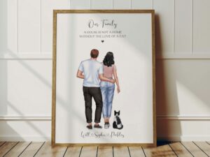 Personalised Print with 2 people and a cat. Quote saying *A house is not a home without the love of a cat*