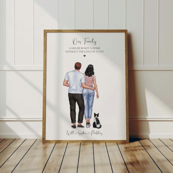 Personalised Print with 2 people and a cat. Quote saying *A house is not a home without the love of a cat*