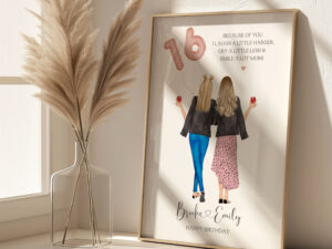 Personalised Print featuring x2 female characters holding a pink 16 balloon.