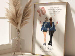 Personalised Print featuring x2 female characters holding a pink 18 balloon.