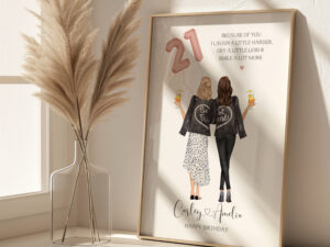 Personalised Print featuring x2 female characters holding a pink 21 balloon.