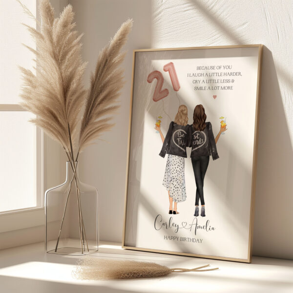 Personalised Print featuring x2 female characters holding a pink 21 balloon.