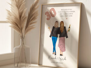 Personalised Print featuring x2 female characters holding a pink 30 balloon.