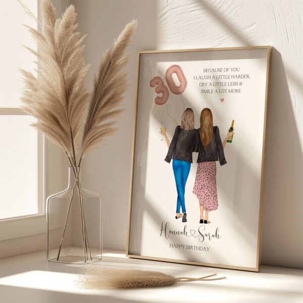 Personalised Print featuring x2 female characters holding a pink 30 balloon.