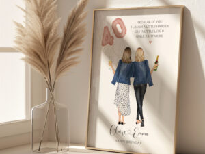 Personalised Print featuring x2 female characters holding a pink 40 balloon.