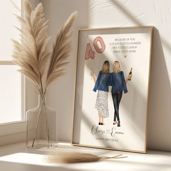 Personalised Print featuring x2 female characters holding a pink 40 balloon.