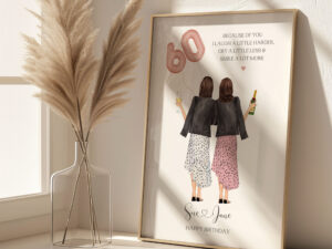 Personalised Print featuring x2 female characters holding a pink 60 balloon.